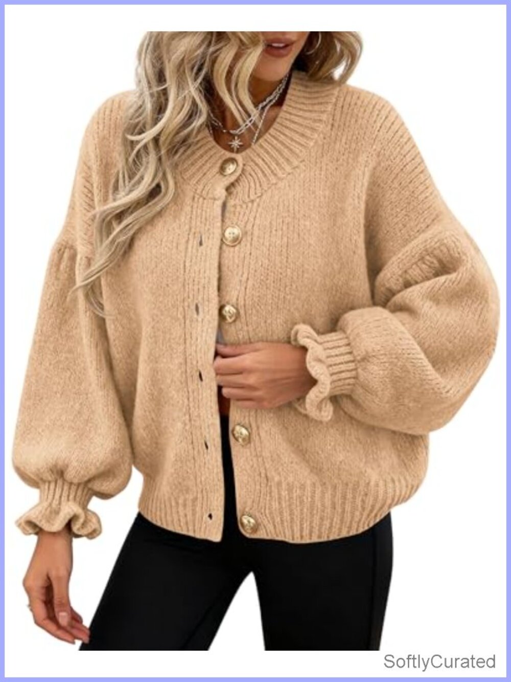 Womens Chunky Knit Button Cardigan Sweater Long Sleeve Cropped